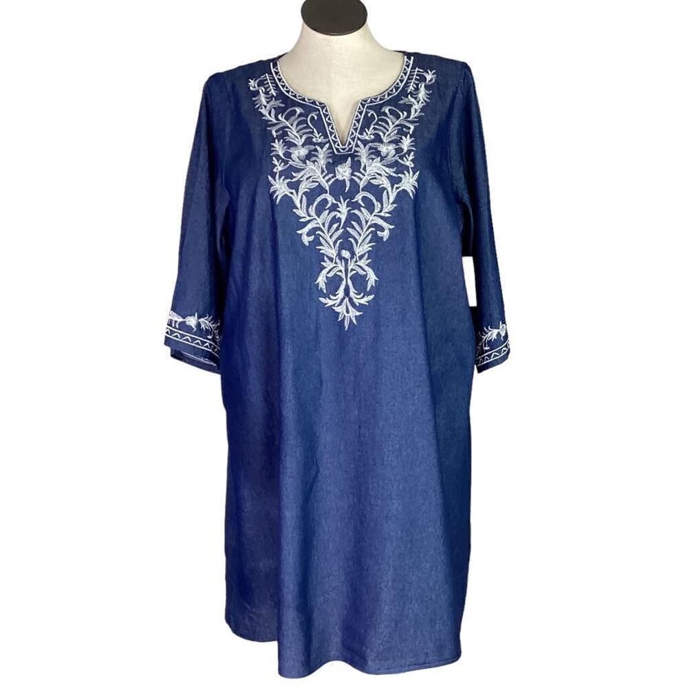 Kindred Mini Dress Womens 2X Blue Peasant Boho Embroidered 3/4 Sleeves NWD